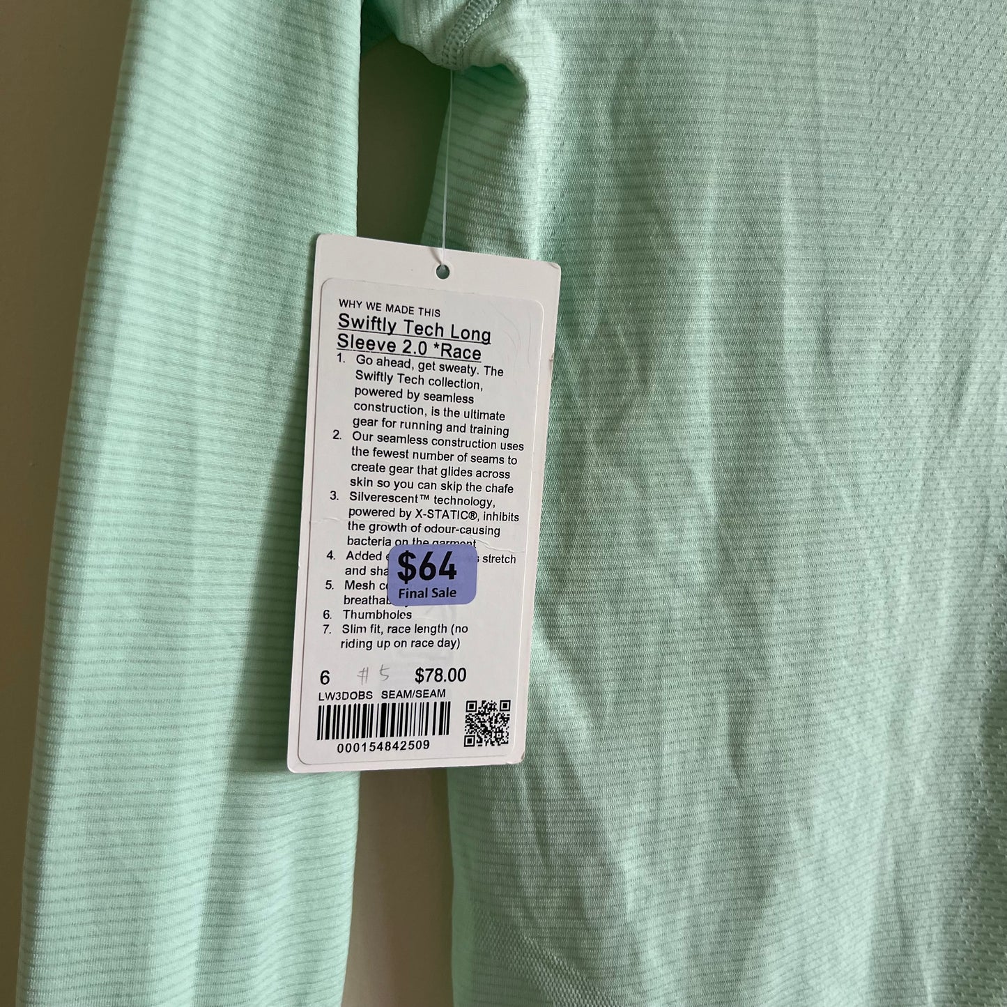 Lululemon Swiftly Tech Long-Sleeve Shirt 2.0 *Waist Length - Sea Mist / Sea Mist -Size 6