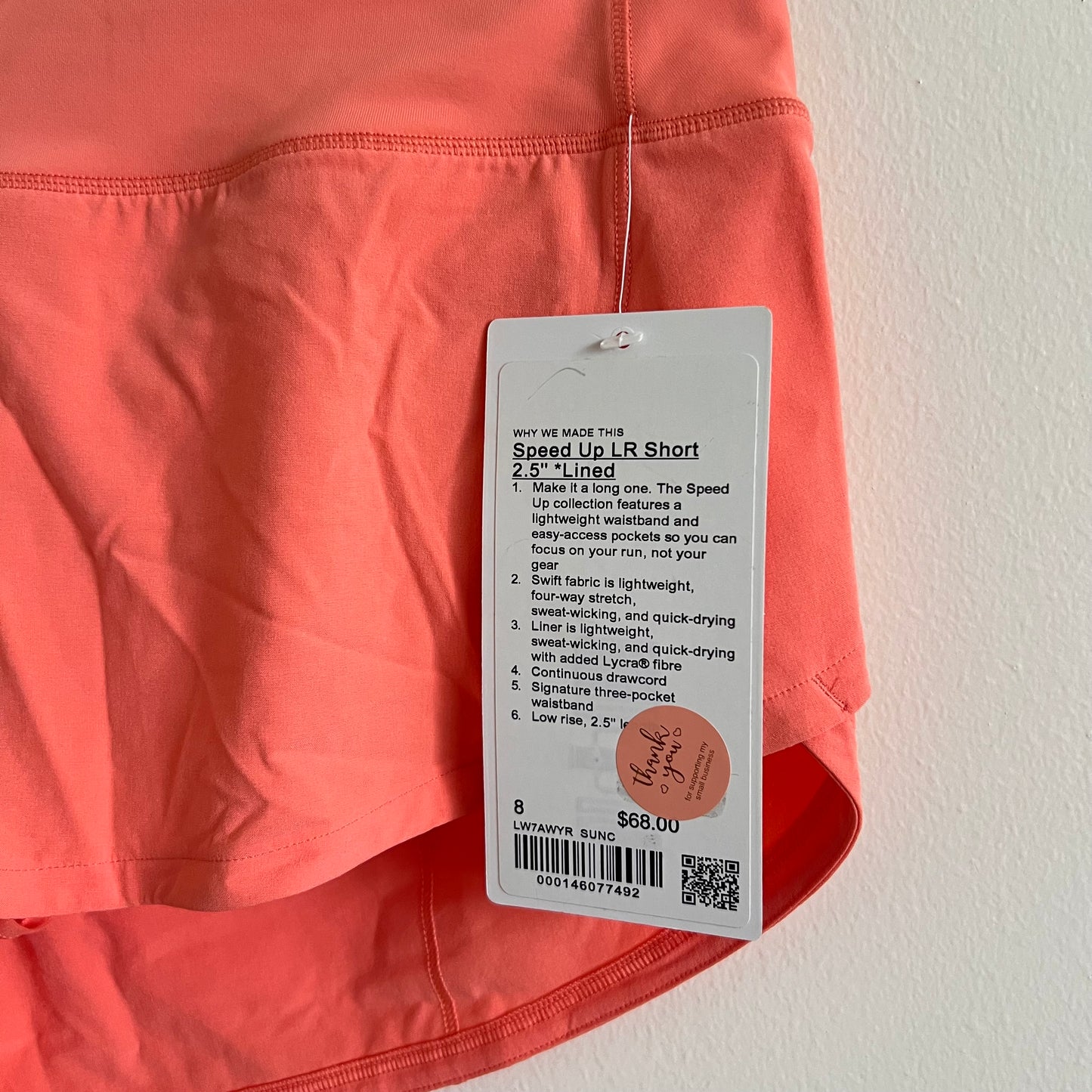 Lululemon Speed Up Low-Rise Lined Short 2.5" - Sunny Coral -Size 8