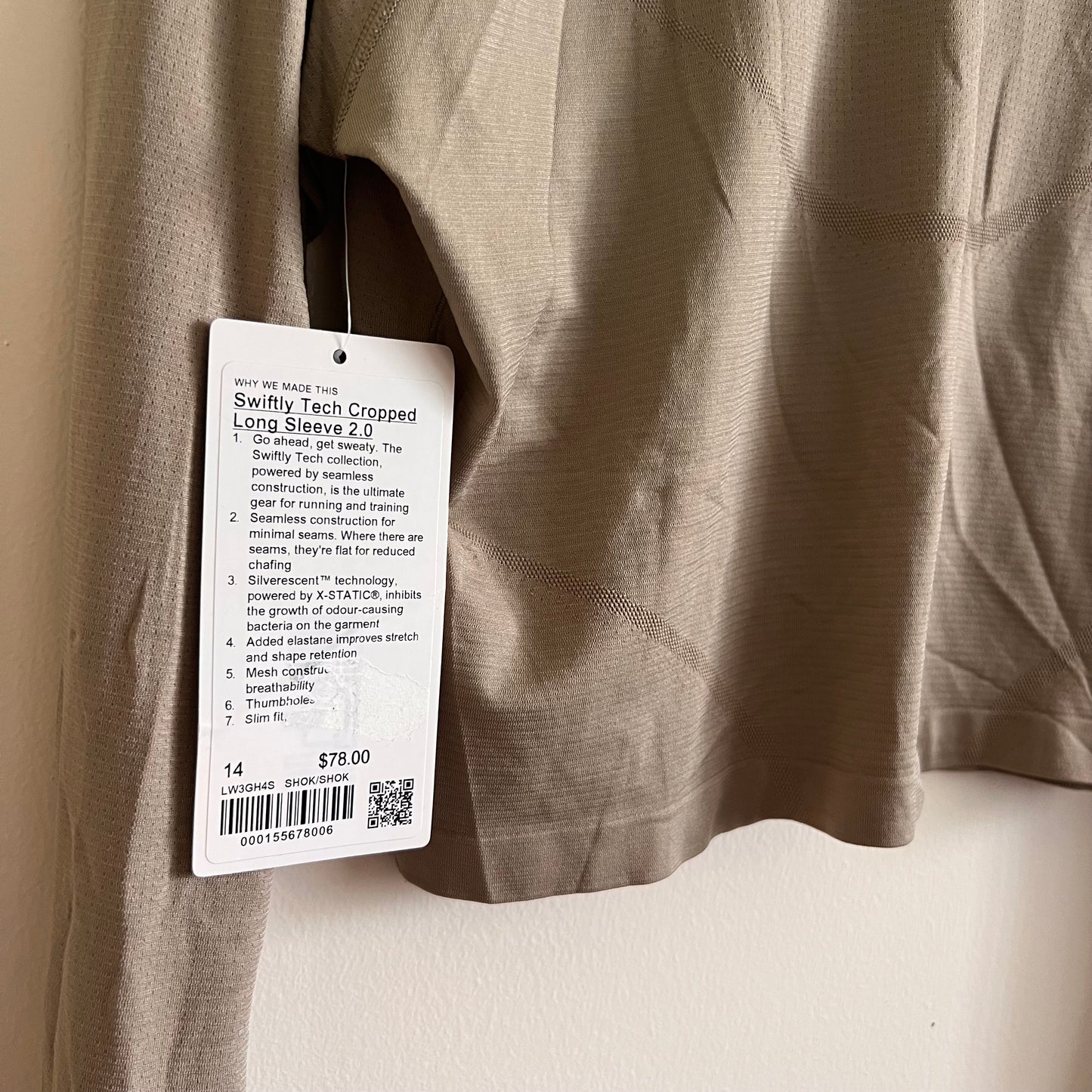 Lululemon Swiftly Tech Cropped Long Sleeve 2.0 - Sheer Oak - Size 14
